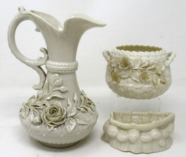 141. Antique Irish Belleek Porcelain Aberdeen Pitcher Ewer Salt Centerpiece Ireland