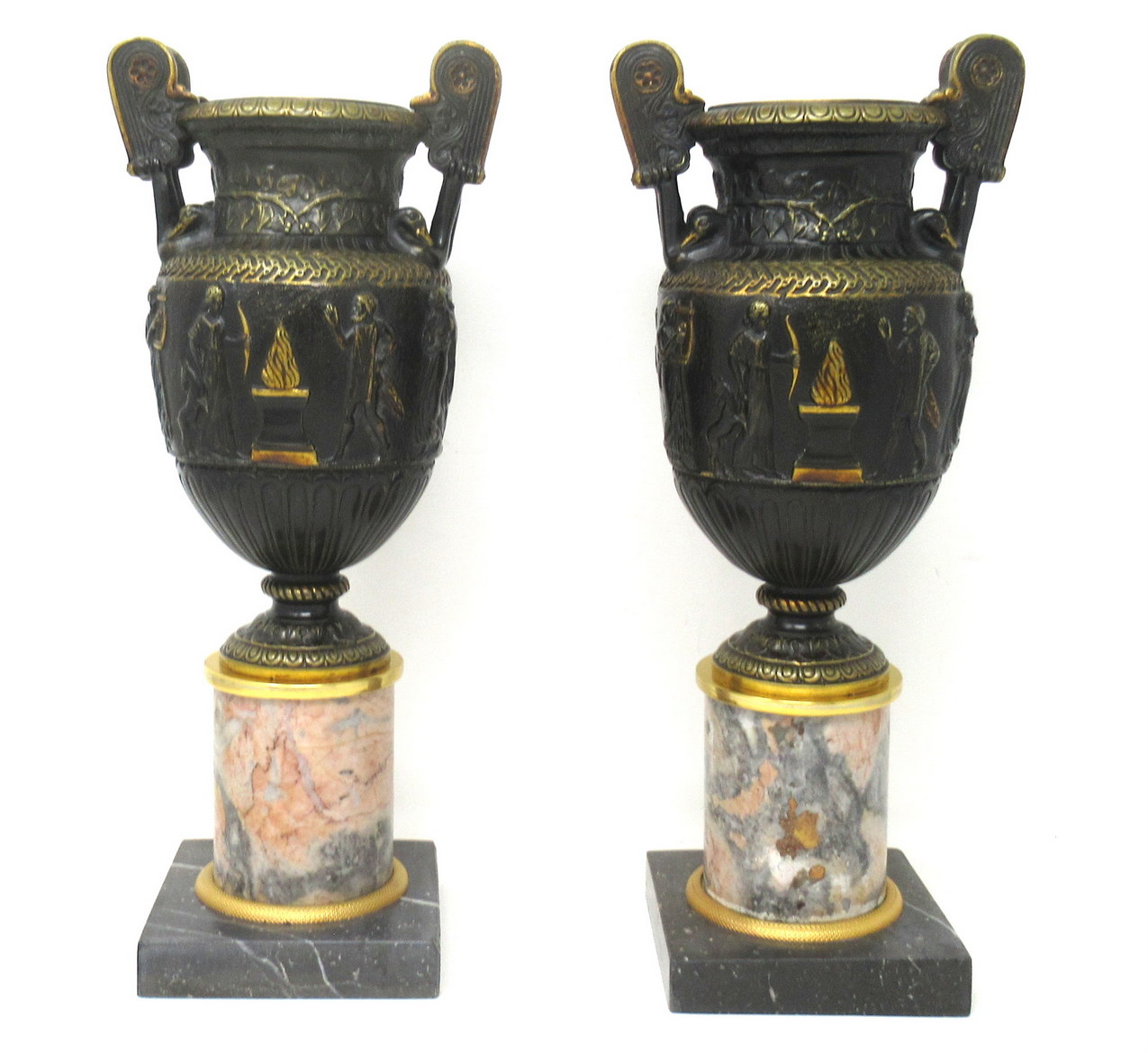 928. Antique Pair French Bronze Ormolu Townley Urns Vases Breche Violette Marble 19Ct - Image 3