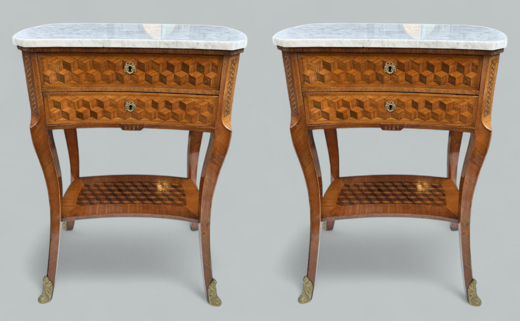 649. Antique French Marquetry Marble Top Kingwood Bedside Cabinets Locker Nightstands