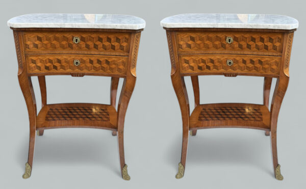 649. Antique French Marquetry Marble Top Kingwood Bedside Cabinets Locker Nightstands