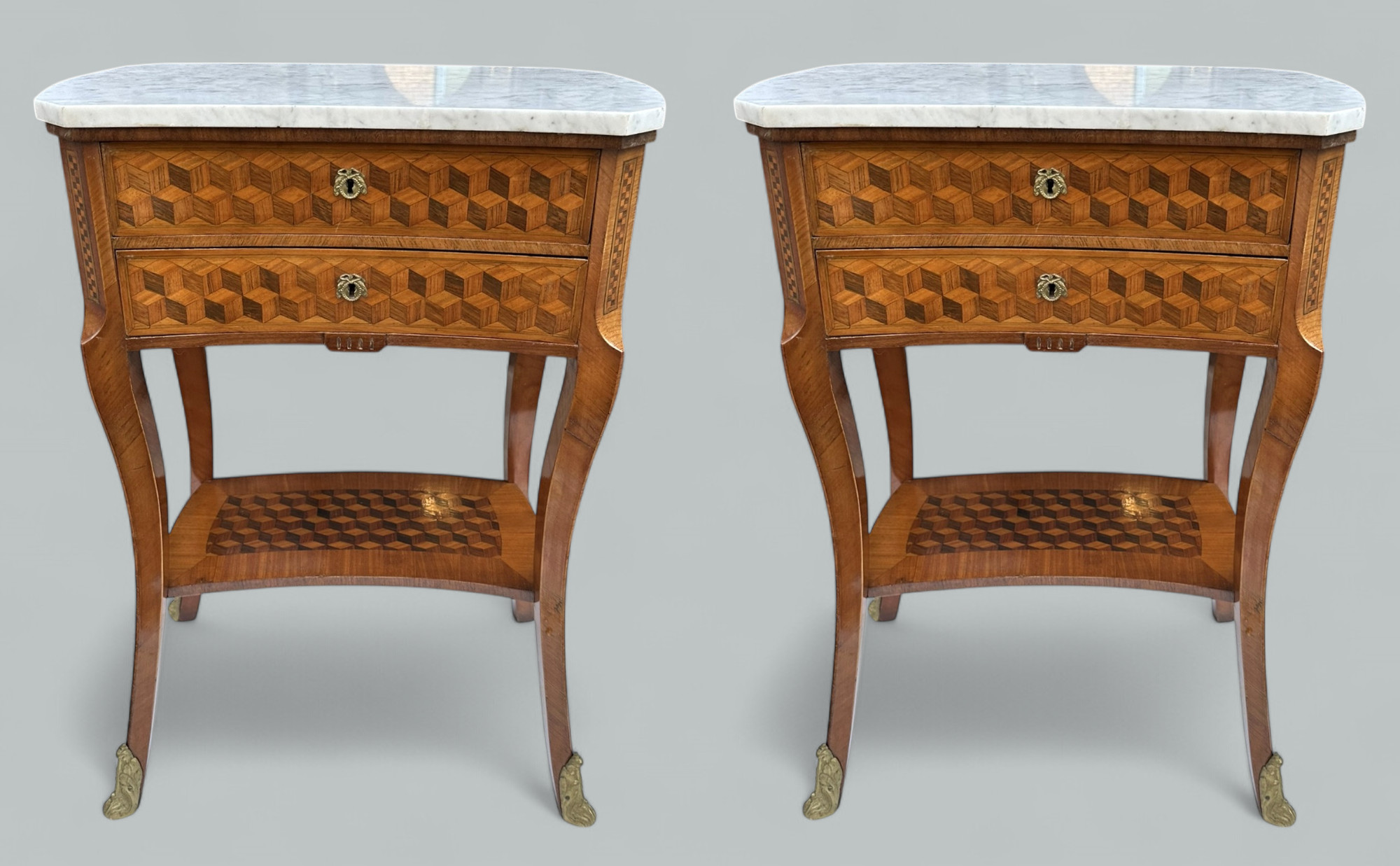 649. Antique French Marquetry Marble Top Kingwood Bedside Cabinets Locker Nightstands