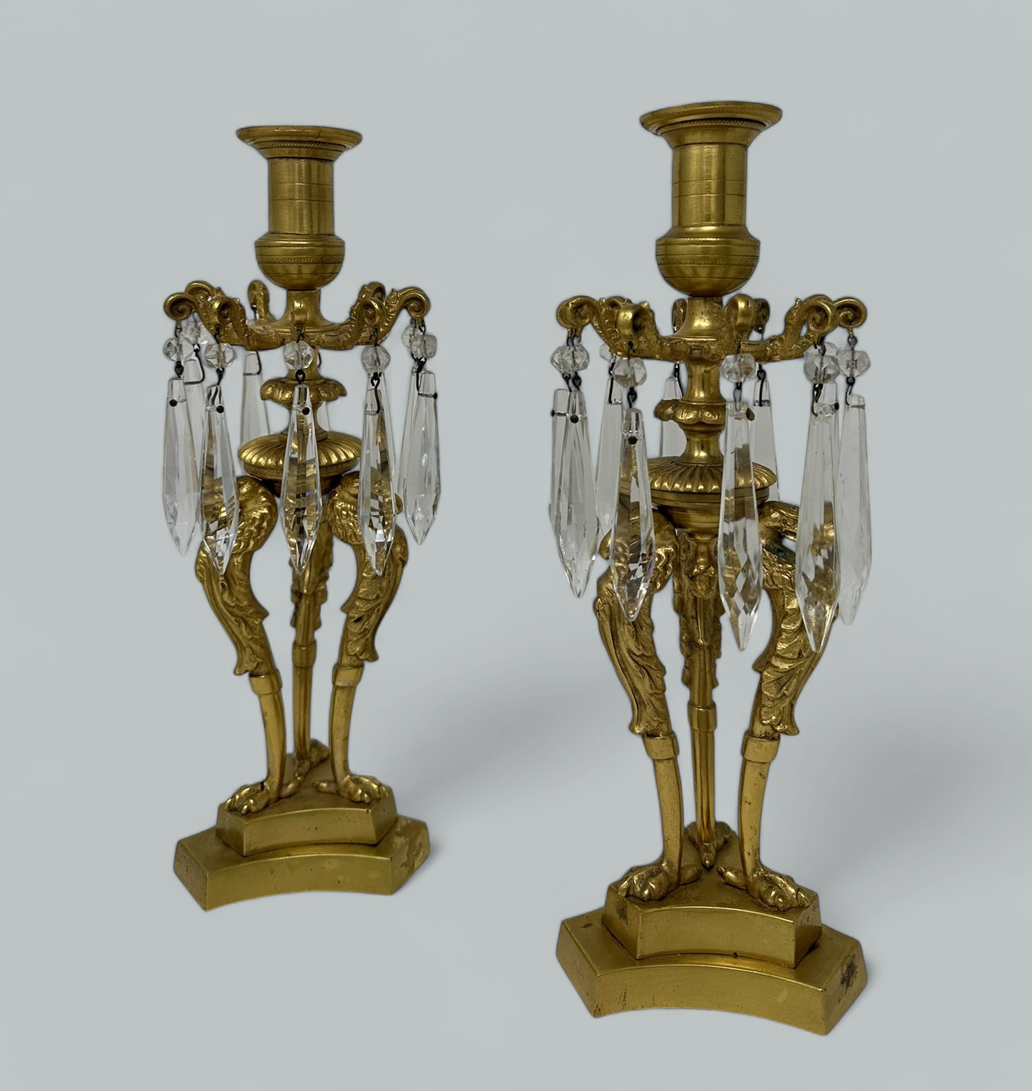 713. Antique Pair of English Regency Ormolu Bronze Lusters Candlesticks Candelabra - Image 2