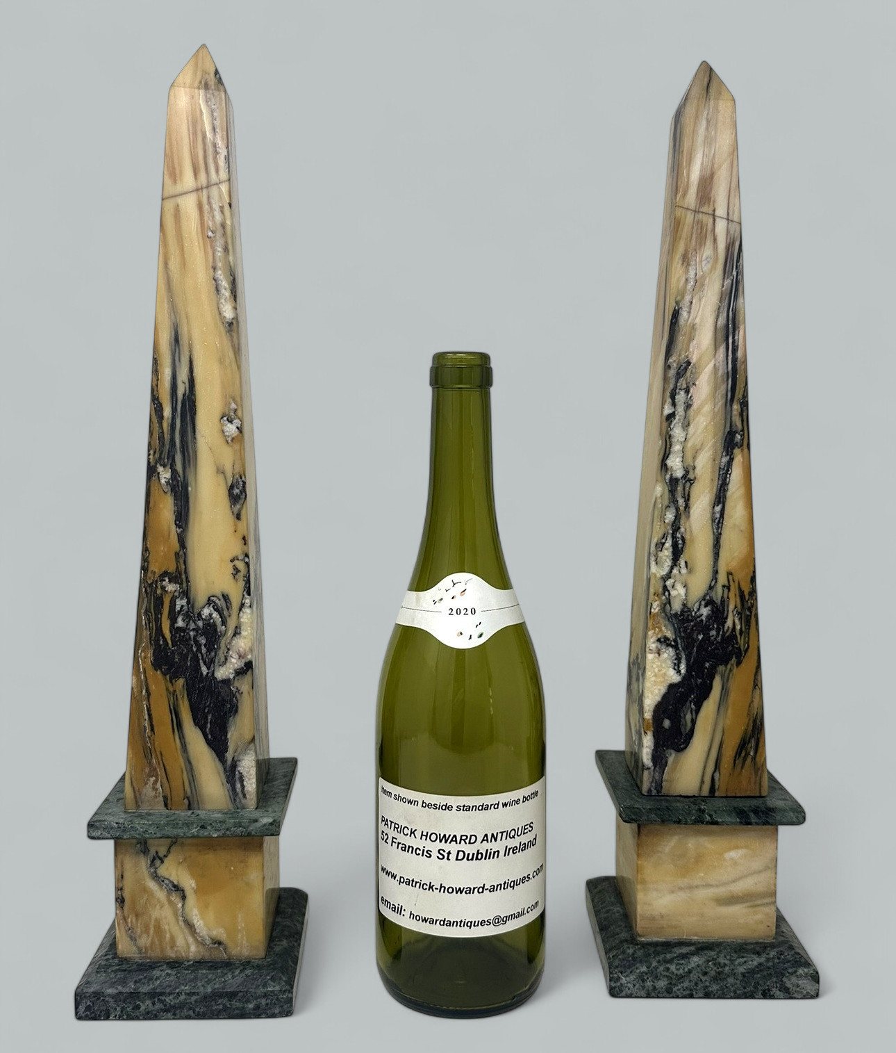 224. Antique Pair Italian Sienna Green Vert Marble Obelisks Garniture Columns 1920's - Image 8