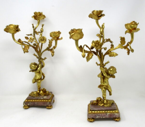 421. Antique Pair French Breche Violet Gilt Bronze Candelabra Candlesticks 19Ct