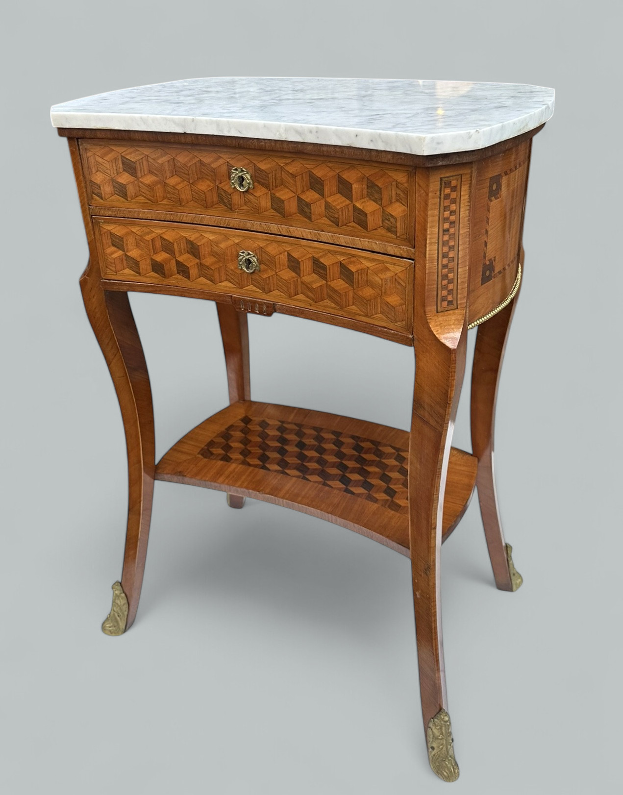 649. Antique French Marquetry Marble Top Kingwood Bedside Cabinets Locker Nightstands - Image 6