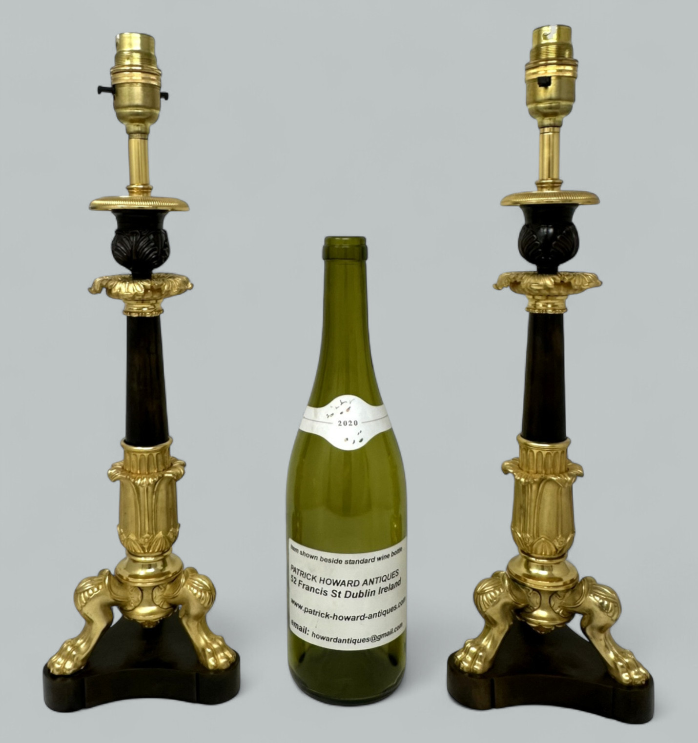 174. Antique Pair French Doré Bronze Neoclassical Ormolu Gilt Candlesticks Table Lamps - Image 9