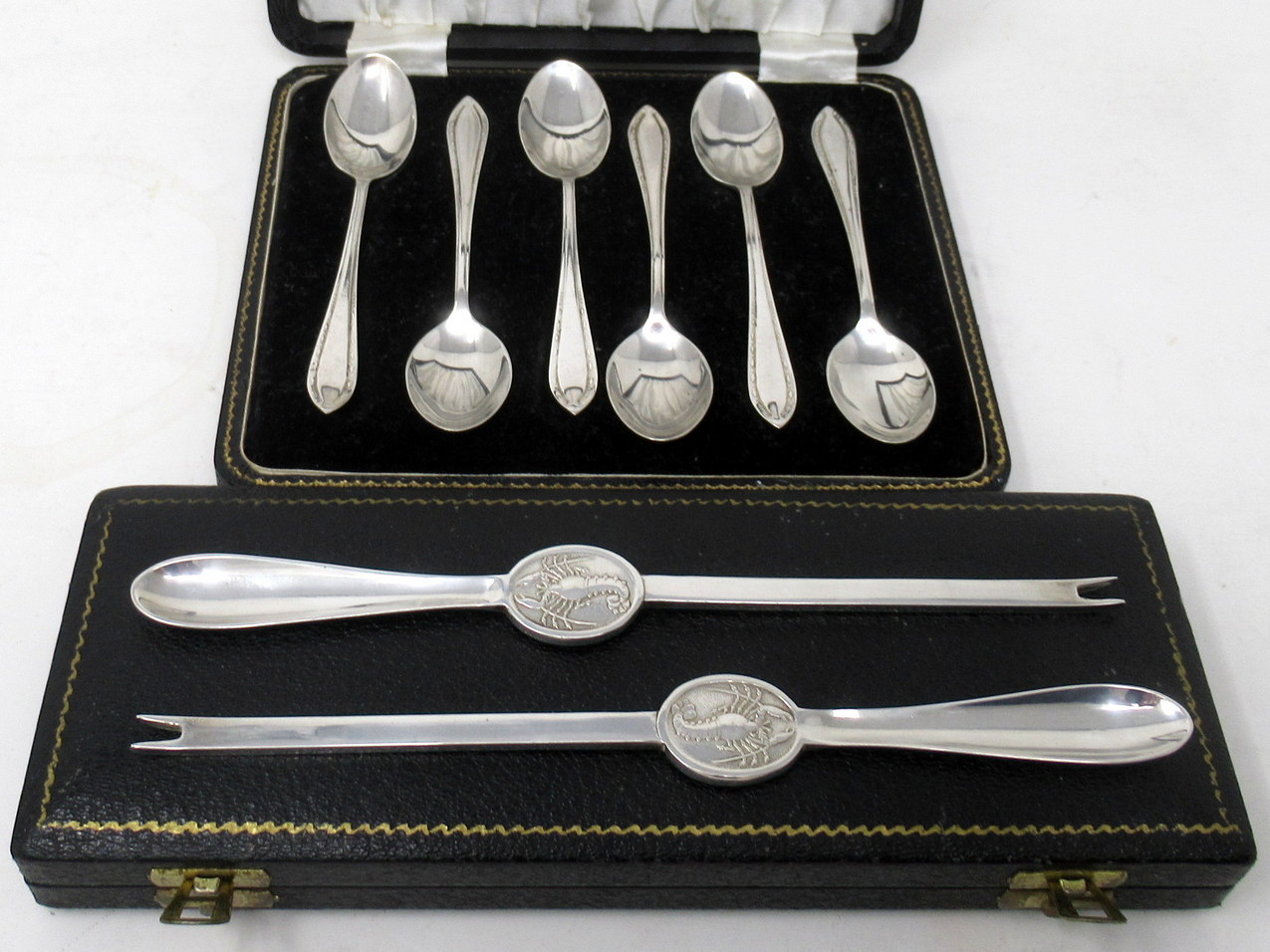 538. Antique Vintage Set Six English Sterling Silver Tea Spoons Pair Lobster Picks - Image 3