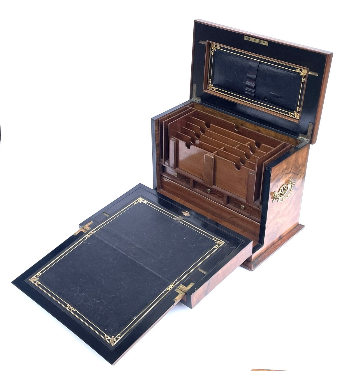 936. Antique Victorian Traveling Wooden Burl Walnut Writing Slope Stationary Box 19c - Image 6