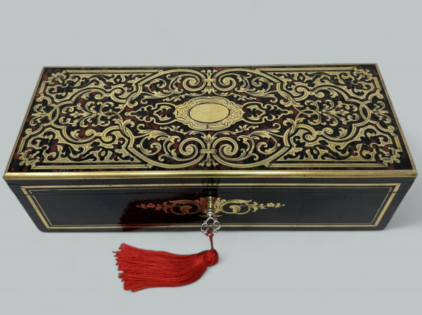 741. Antique Brass Inlaid Marquetry Boulle English Jewelry or Ladys Glove Box Casket