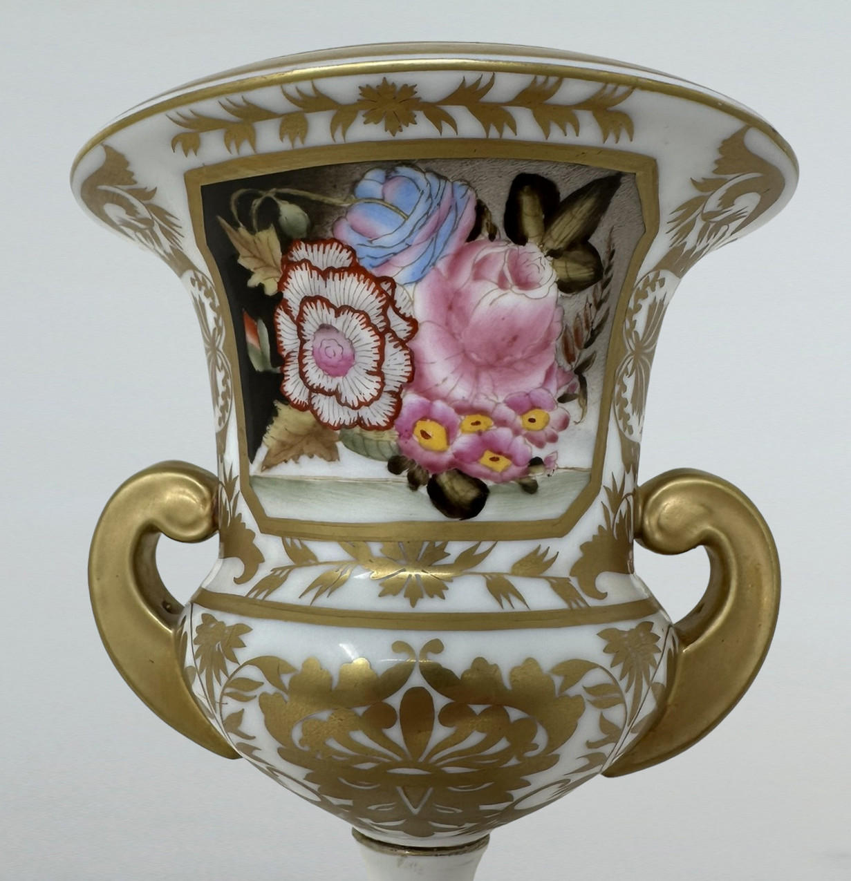 359. Antique Pair French Edwardian Campana Porcelain Urns Vases Still Life Flowers - Image 5