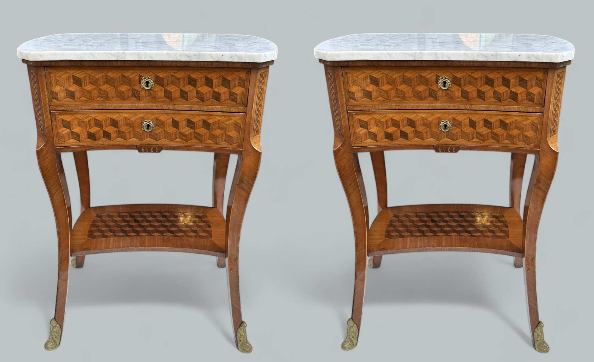 649. Antique French Marquetry Marble Top Kingwood Bedside Cabinets Locker Nightstands - Image 2