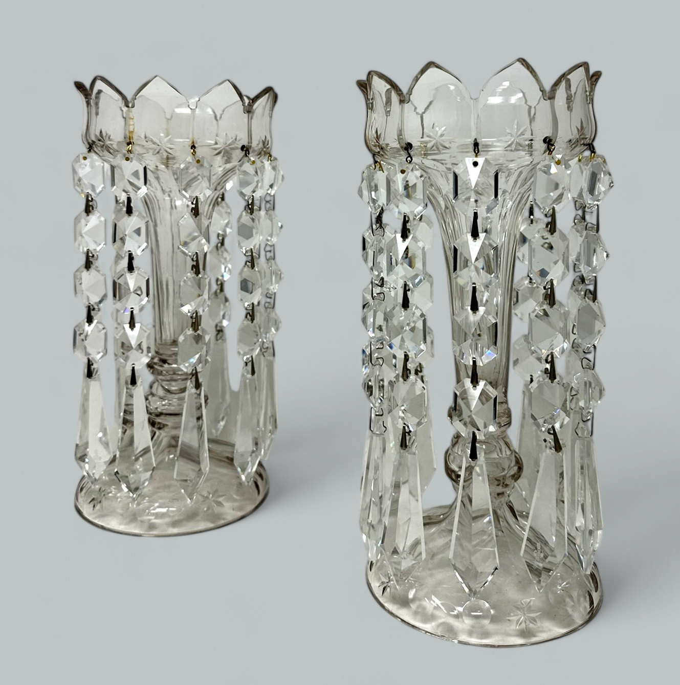 253. Antique Pair Irish Waterford Crystal Hand Cut Full Lead Lustres Vases Ireland - Image 2