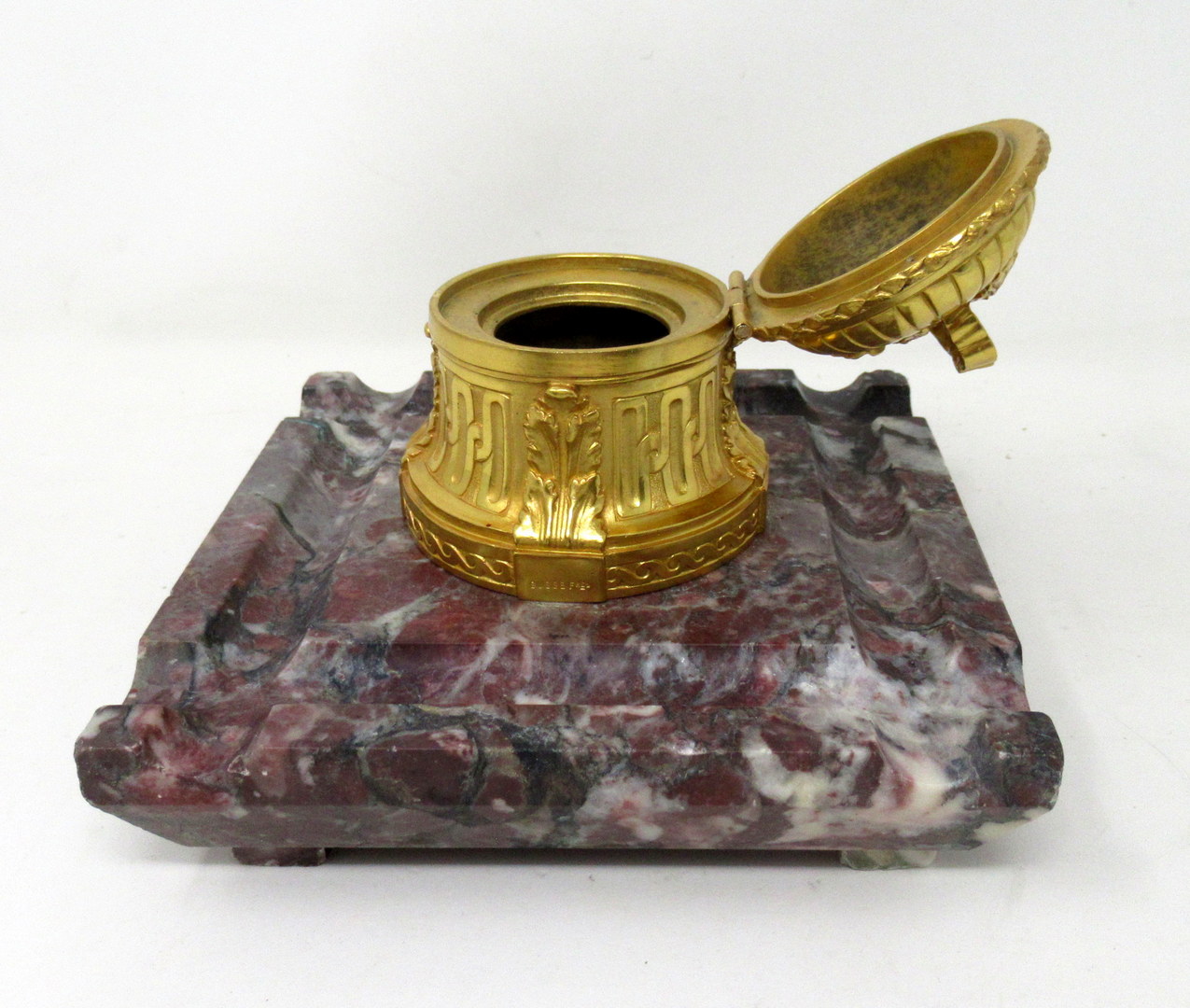 299. Antique French Ormolu Gilt Bronze Breche Violete Marble Desk Inkwell Centerpiece - Image 3