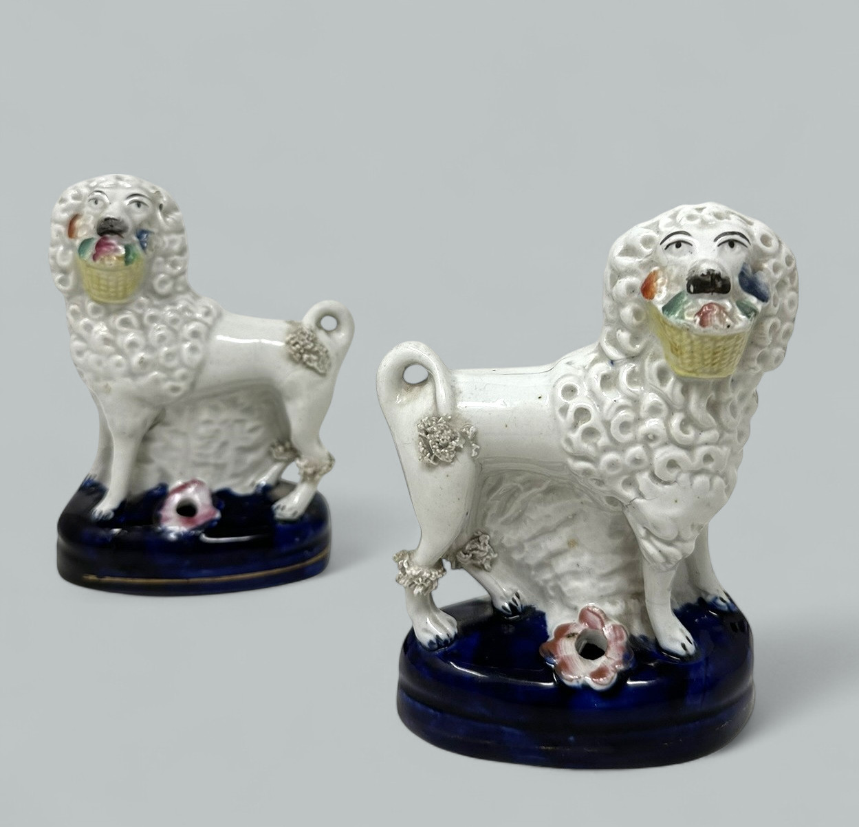 573. Pair Antique Staffordshire Porcelain Poodles Dogs Quill Pen Holders 19th Century