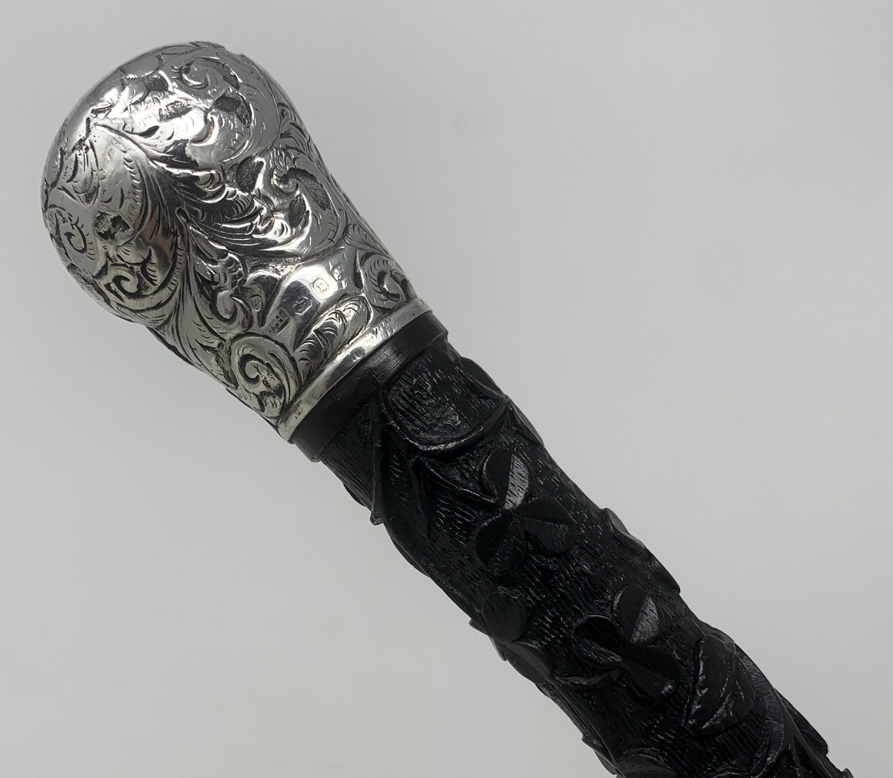 853. Antique Vintage Irish Bog Oak Wooden Walking Cane Swagger Stick Sterling Silver - Image 9