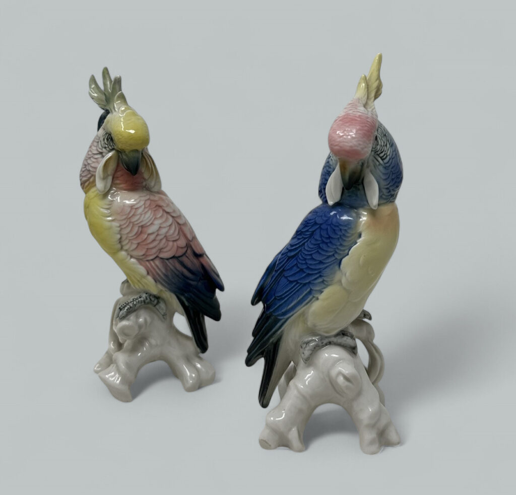 674. SOLD. Pair Antique German Porcelain Birds Parakeets Cockrels Cockatoo Parrots Karl Ens
