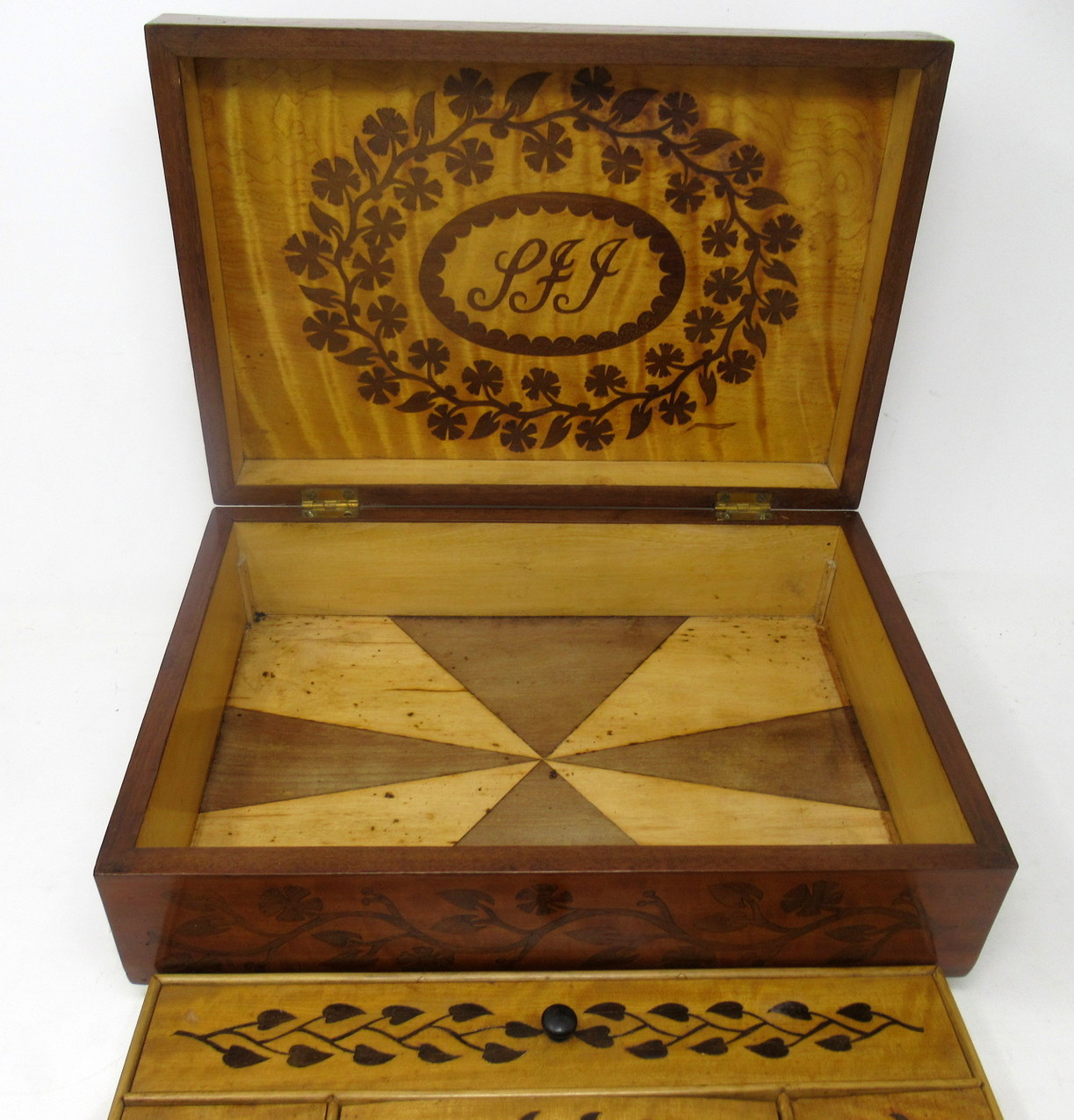612. Antique Gentleman's Satinwood Mahogany Marquetry Jewellery Casket Table Box 19ct - Image 3