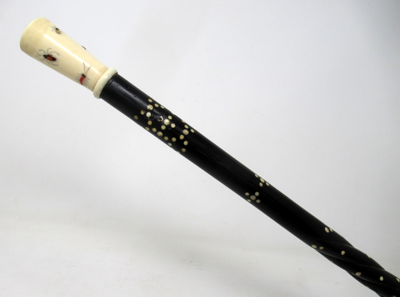 540. Antique Vintage Japanese Chinese Shibayama Ebony Wooden Walking Cane Stick - Image 6