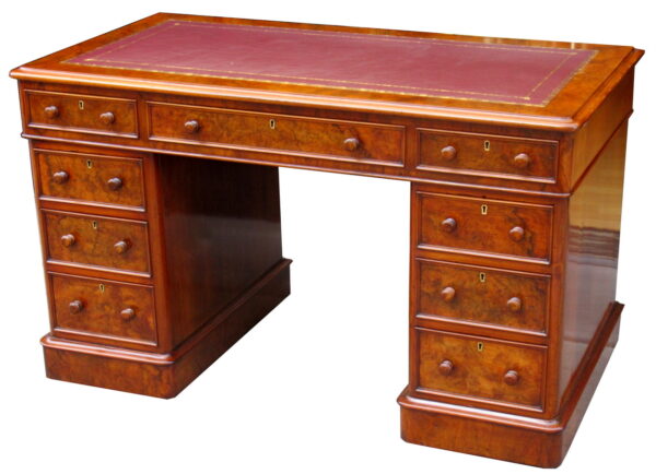 084. Rare Irish Burr Walnut Twin Pedestal Desk by Carey Ashenhurst York Street Dublin 19thCt