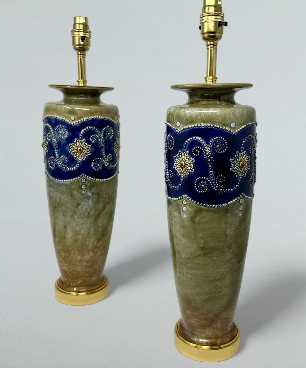 879. Antique Pair Porcelain Royal Doulton Ceramic Art Nouveau Electric Table Lamps