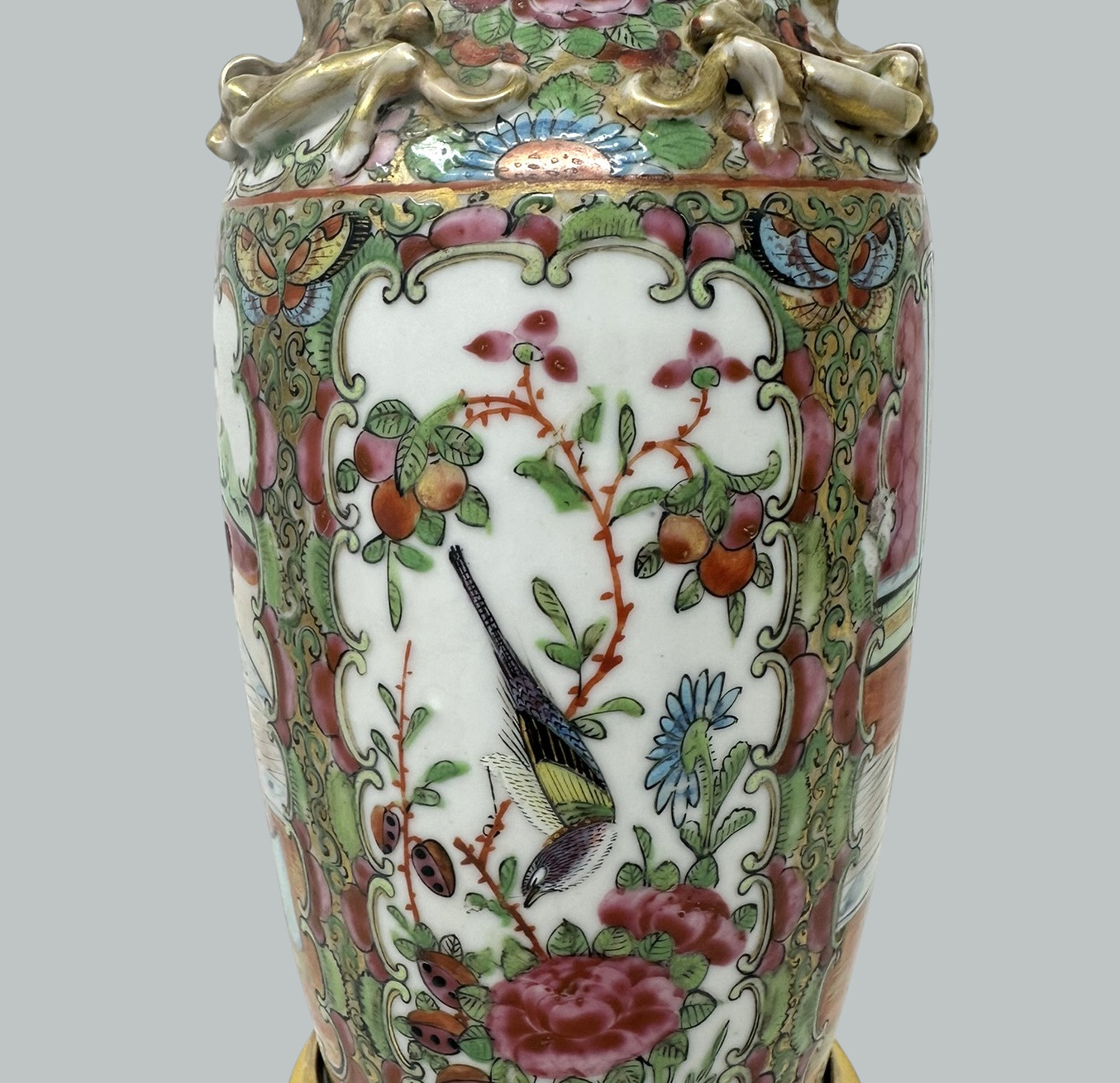 762. Antique Famille Rose Medallion Canton Cantonese Ormolu Chinese Table Lamps Pair - Image 8