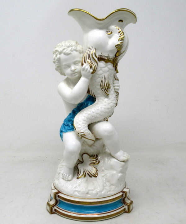 797. Antique Minton Staffordshire Porcelain Vase Centerpiece Cherub Dolphin Turquoise