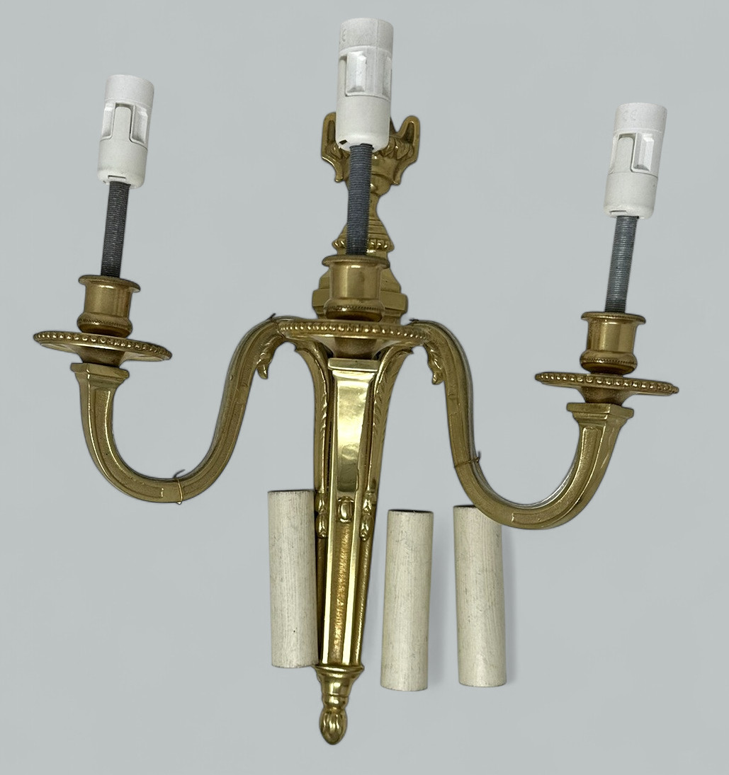 496. Antique Pair Ormolu Gilt Bronze Treble Light Wall Electric Sconces Appliques 19C - Image 7