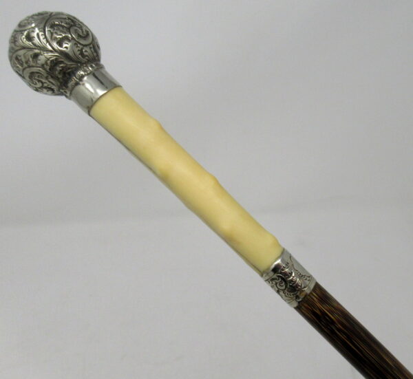 316. Fine Carved Ivory Silver Plated Grip Partridgewear Walking Swagger Cane 19thCt