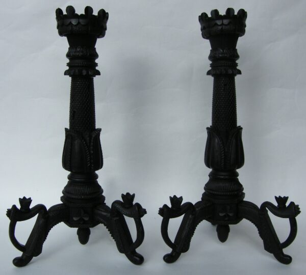 905. Large Pair Irish Bog Oak Candlesticks Museum Quality
