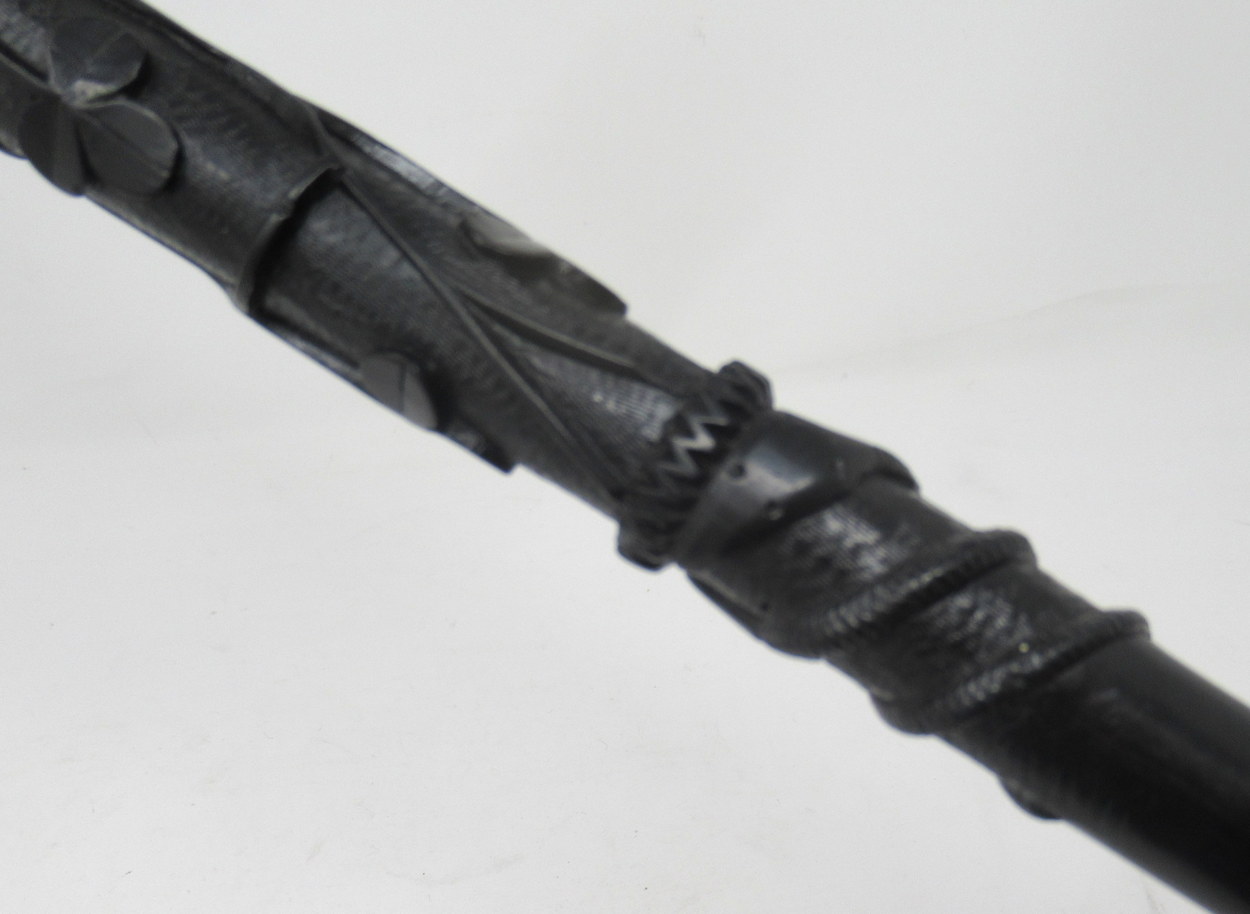 201. Fine Hand Carved Irish Bog Oak Walking Stick Silver Collar 19thCt - Image 7