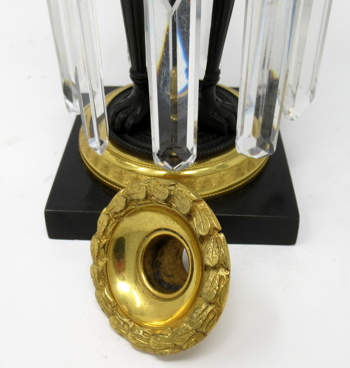 932. Fine Pair English Regency Ormolu Bronze Candlesticks Lustres. Circa 1815 - Image 5