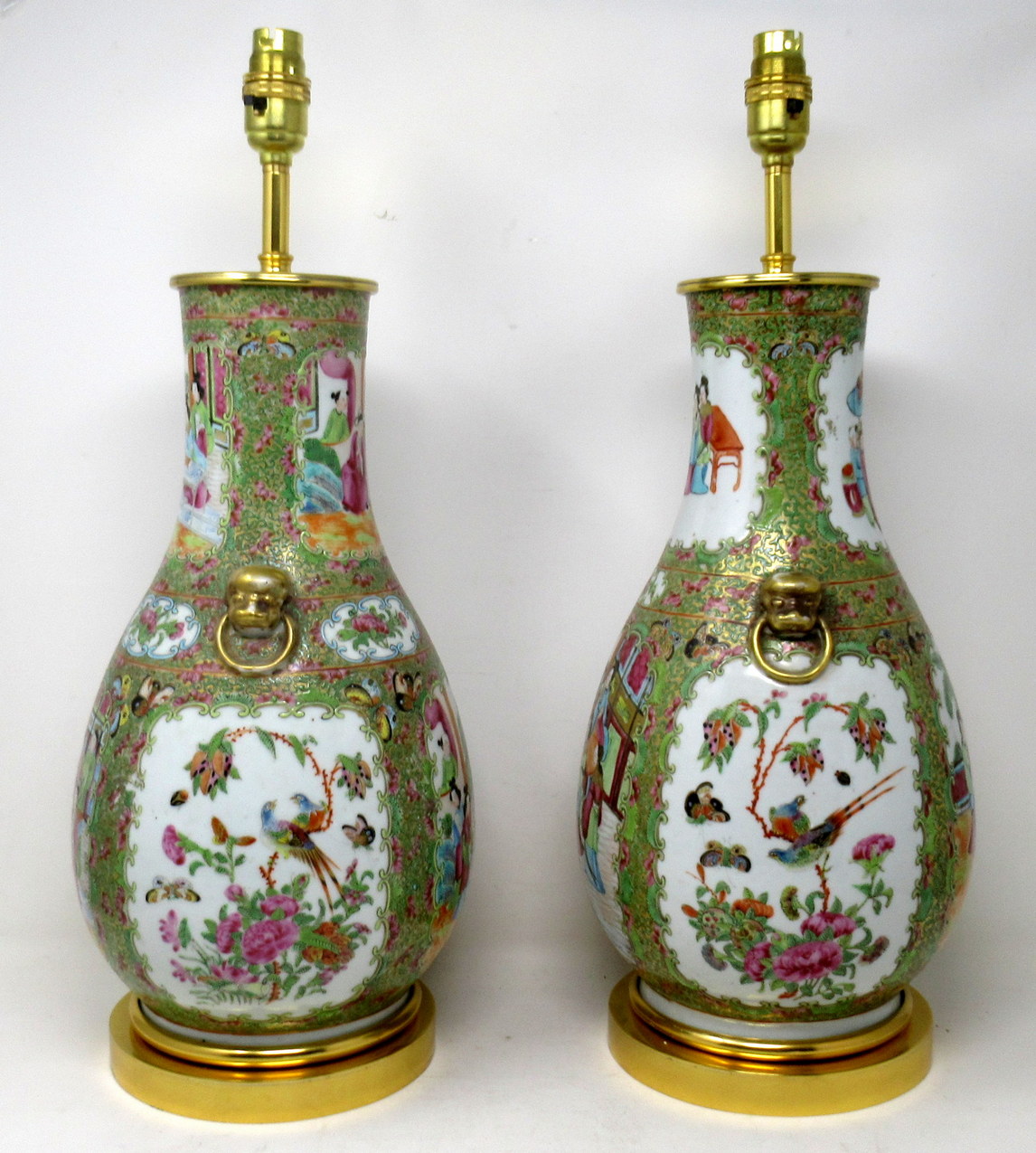 759. Antique Famille Rose Medallion Canton Cantonese Ormolu Chinese Table Lamps Pair - Image 3
