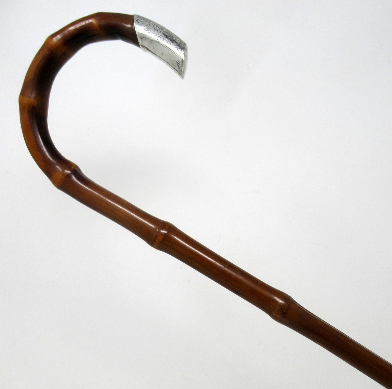 454. Antique Bamboo Wooden Walking Stick Cane Sterling Silver Mount Crook Handle 1908 - Image 4