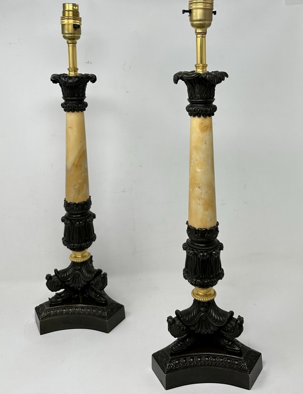388. Antique Pair of French Doré Bronze Ormolu Sienna Marble Candlesticks Table Lamps - Image 2
