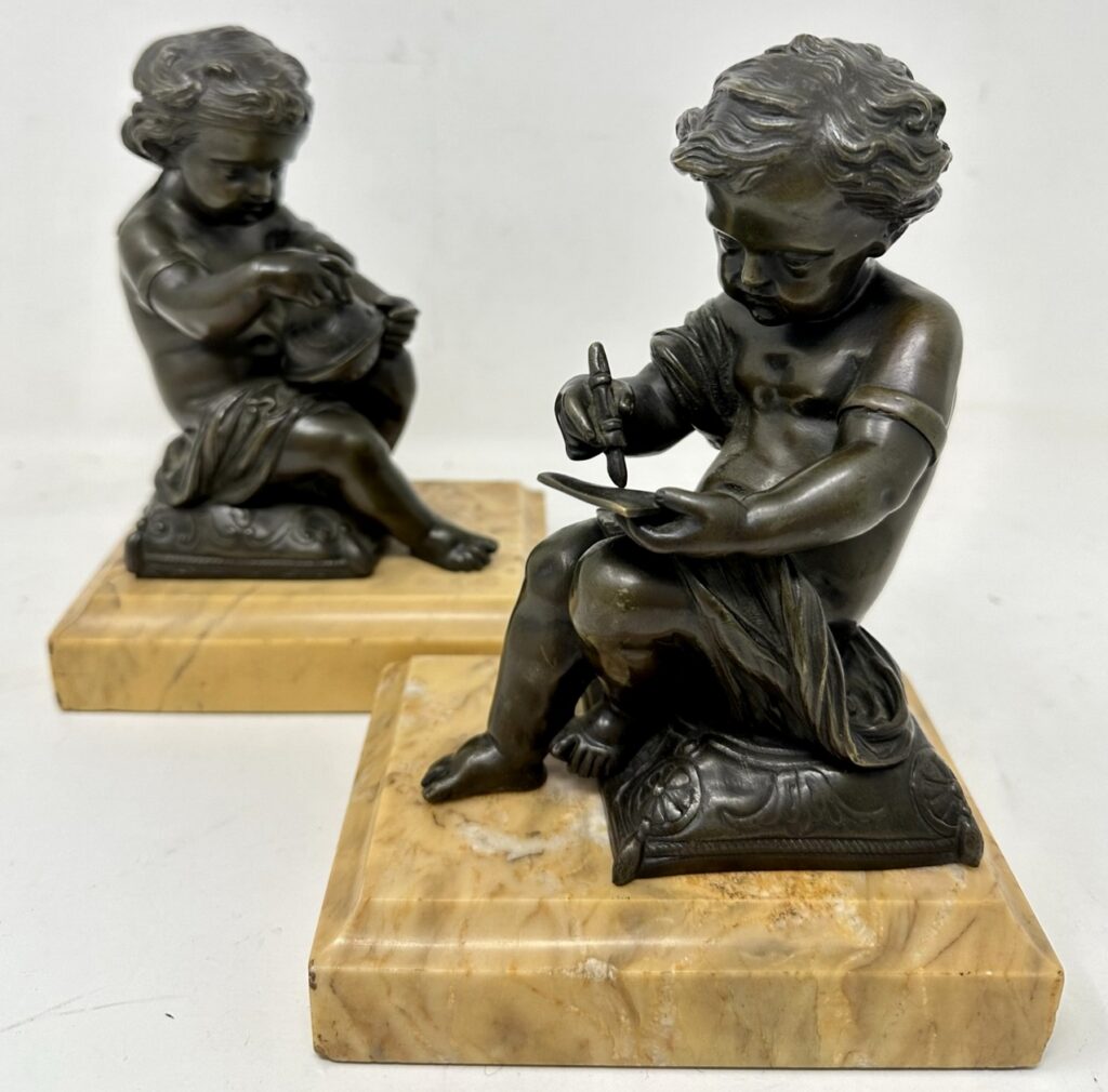 531. Antique Pair Grand Tour Italian Bronze Cherubs after Antonio Canova Sienna Marble