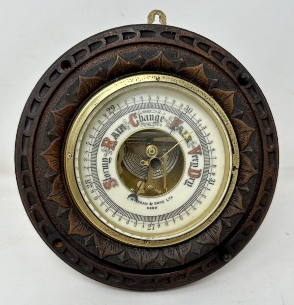 987. Antique Irish Carved Oak Aneroid Barometer Retailed by William Egan Cork Ireland