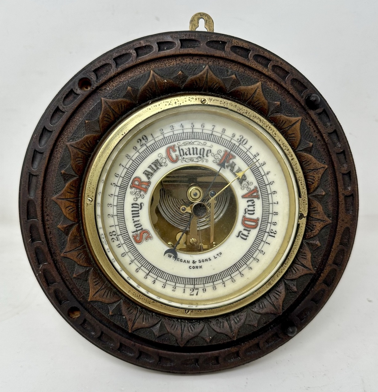 987. Antique Irish Carved Oak Aneroid Barometer Retailed by William Egan Cork Ireland