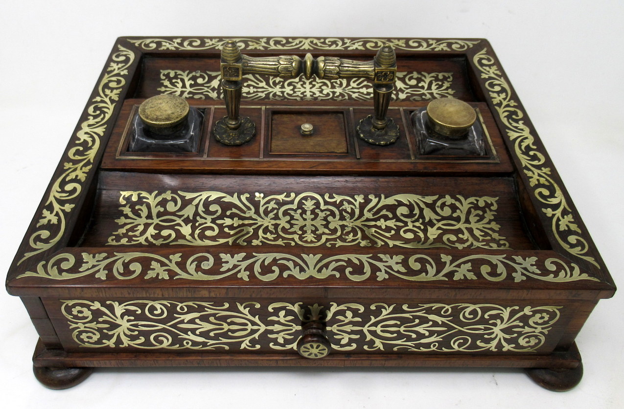 166. Antique Grand Tour Mahogany Brass Inlaid Desk Set Inkstand English Regency 19Ct - Image 3