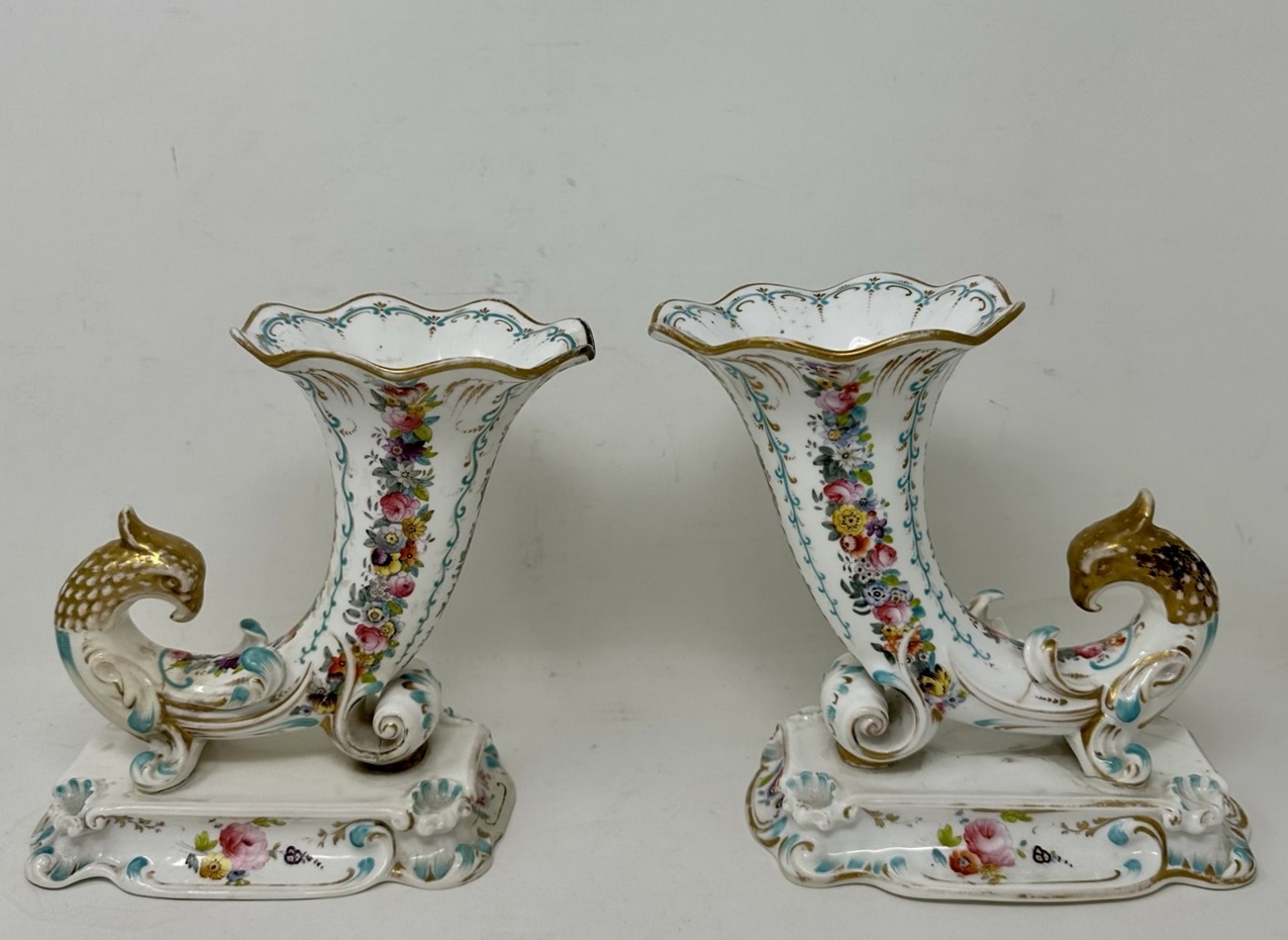 542. Antique Pair English Porcelain Cornucopia Vases Still Life Flowers Rockingham - Image 3