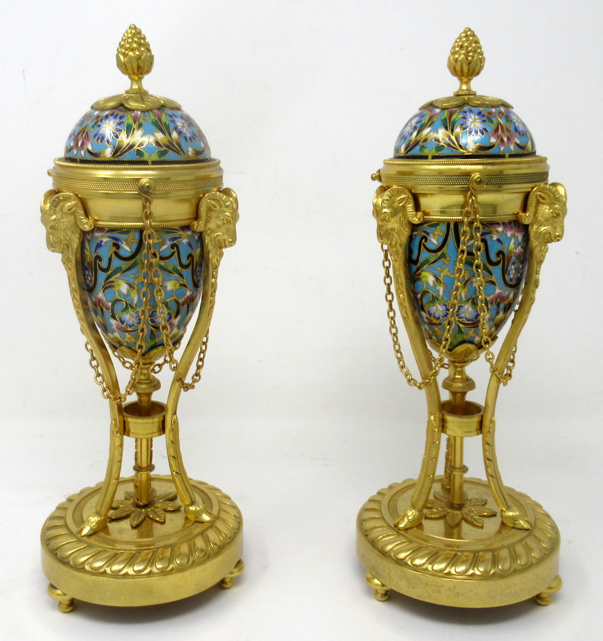 848. Antique Pair French Champlevé Enamel Ormolu Gilt Bronze Cassolettes Urns Vases - Image 4