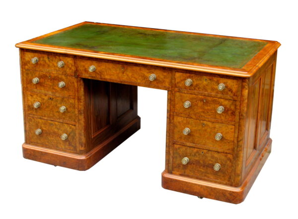 143. Superb Burr Walnut Early Victorian Twin Pedestal Desk 19thCt