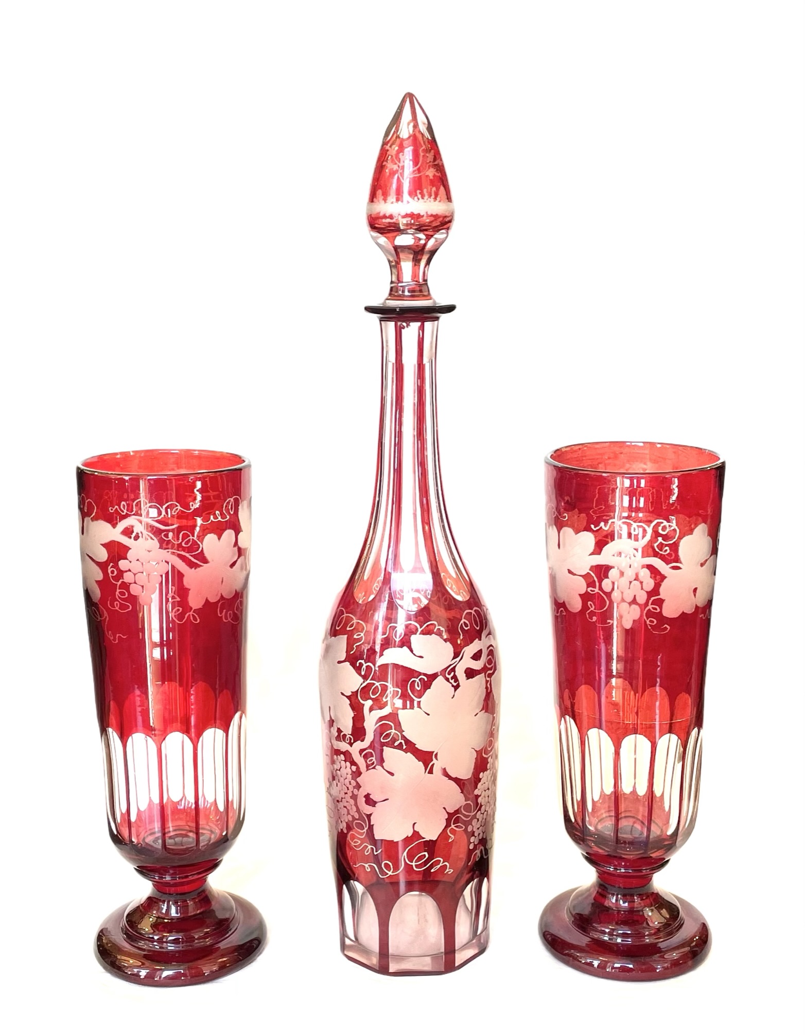 352. Antique Bohemian Chech Ruby Cranberry Glass Decanter Pair Goblets Vases Egermann - Image 2