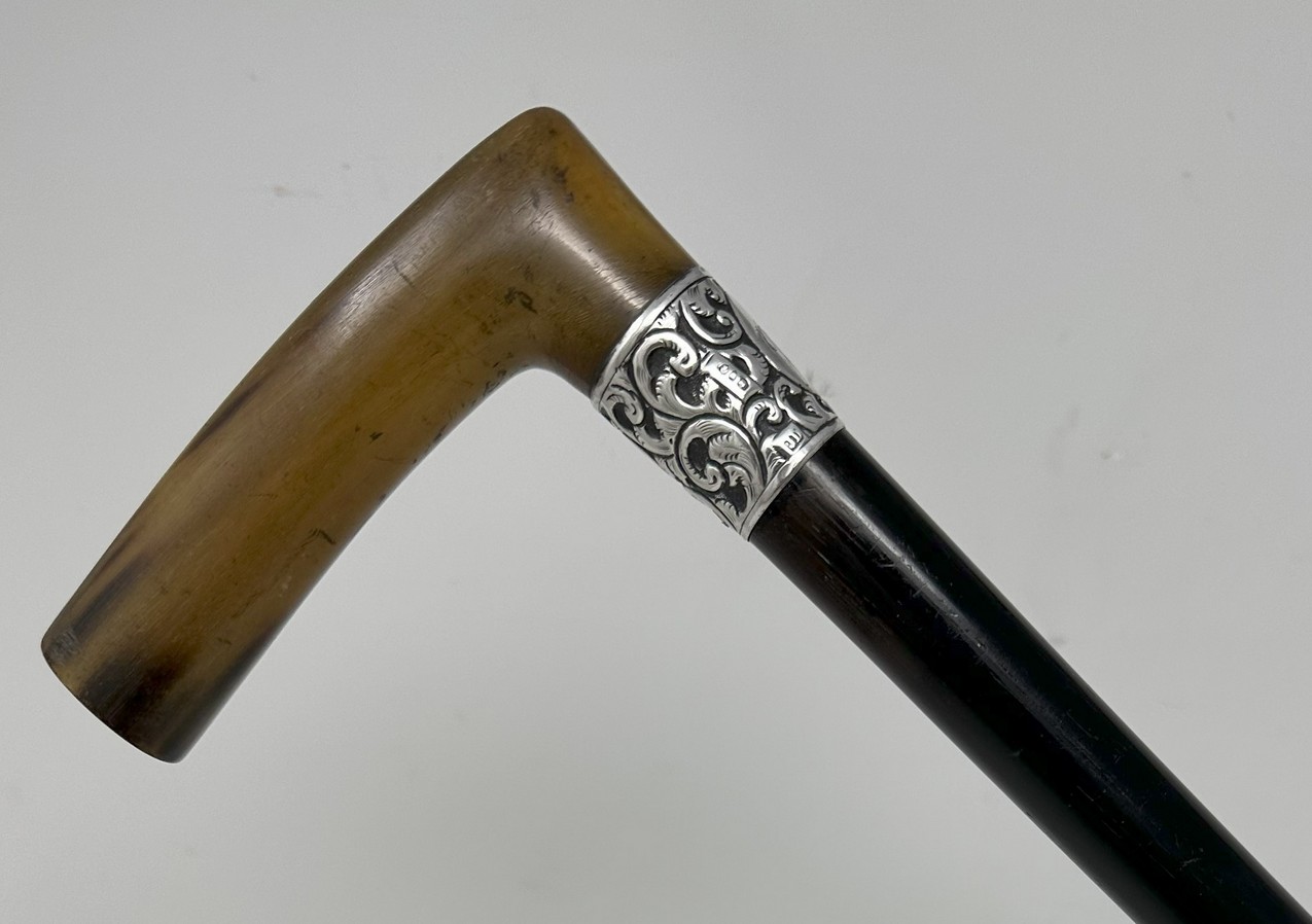 261. Antique Vintage Walking Stick Cane Wooden Sterling Silver Cow Horn Handle 1889 - Image 3
