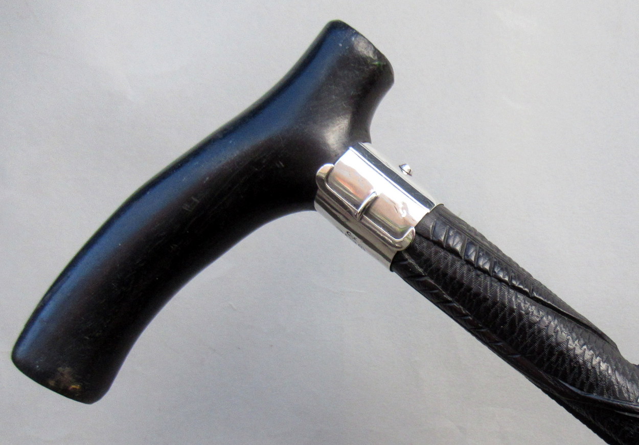 921. Fine Hand Carved Irish Bog Oak Walking Stick Silver Collar Hallmark 1900 - Image 2