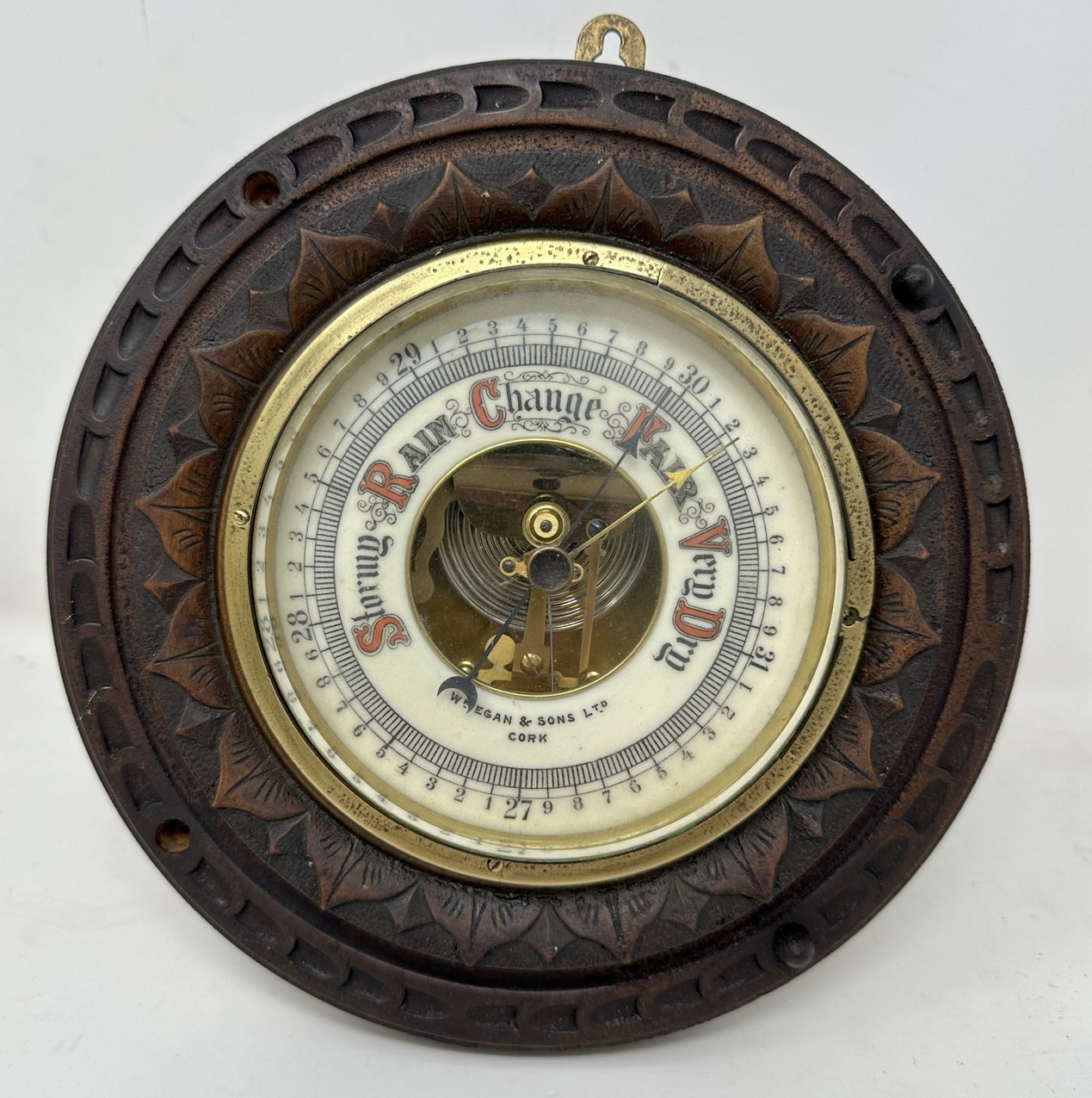 987. Antique Irish Carved Oak Aneroid Barometer Retailed by William Egan Cork Ireland - Image 3