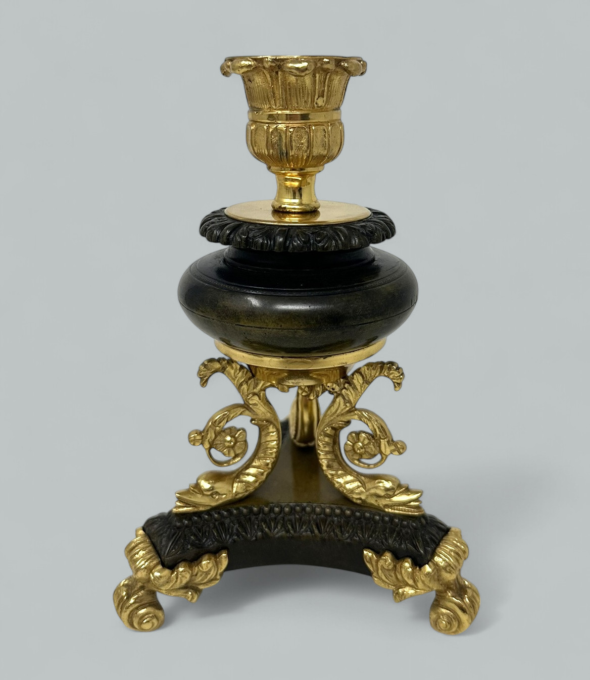 919. Antique Pair French Ormolu Gilt Bronze Dore Empire Candlesticks with Dolphins - Image 6