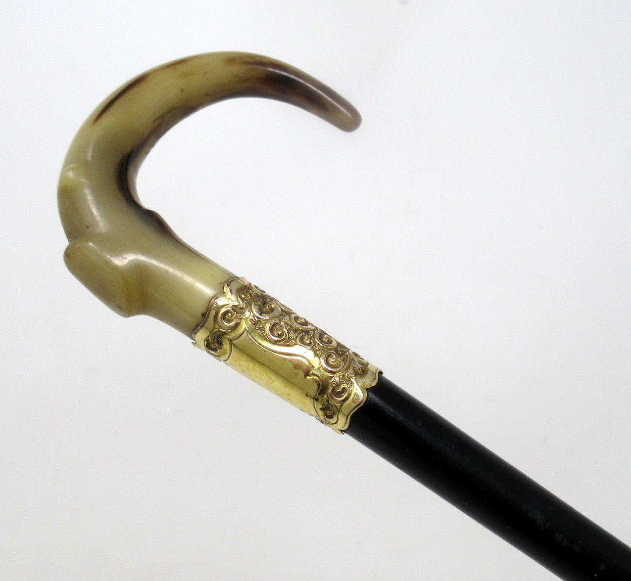 094. Antique Vintage Ladies Gentleman's Walking Stick Gold Plated Cow Horn Handle - Image 4