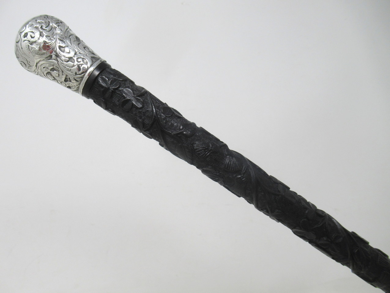 853. Antique Vintage Irish Bog Oak Wooden Walking Cane Swagger Stick Sterling Silver - Image 3