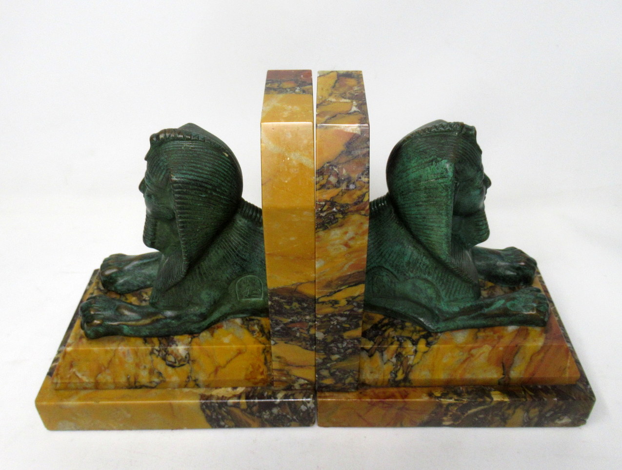 640. Grand Tour Italian French Egyptian Sphinx Pair Bronze Bookends Sienna Marble - Image 3