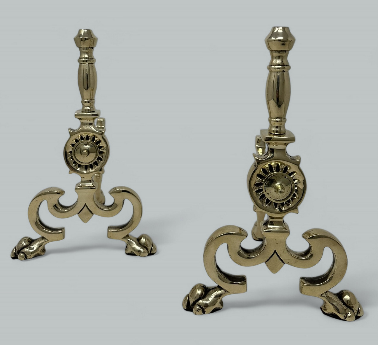 943. Antique Pair English Country House Victorian Brass Fireplace Fire Dogs Andrions - Image 4